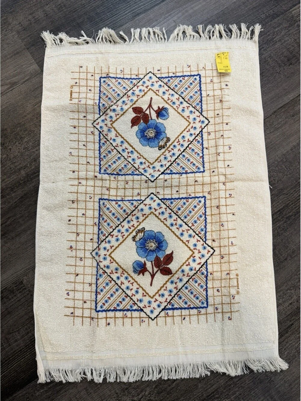 CANNON Hand Kitchen Towel Fringe 70s NOS Blue Rose Butterfly Flower Vtg